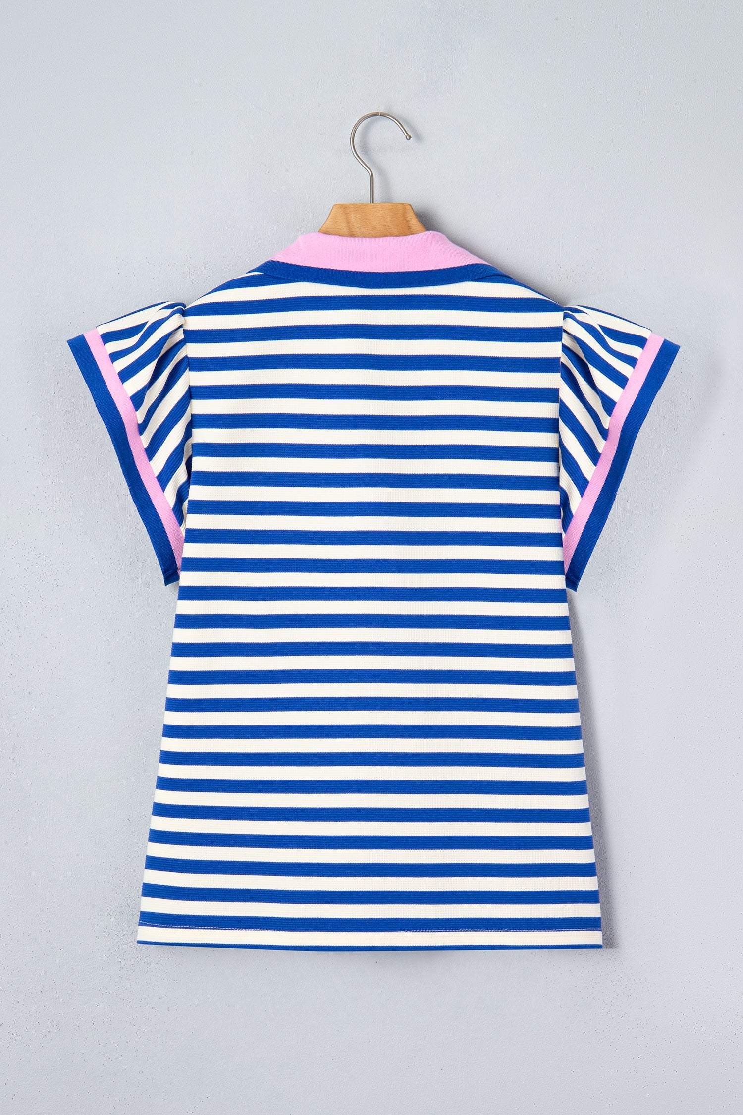 Rose Stripe Contrast Trim Polo Collar Ruffled Short Sleeve Blouse