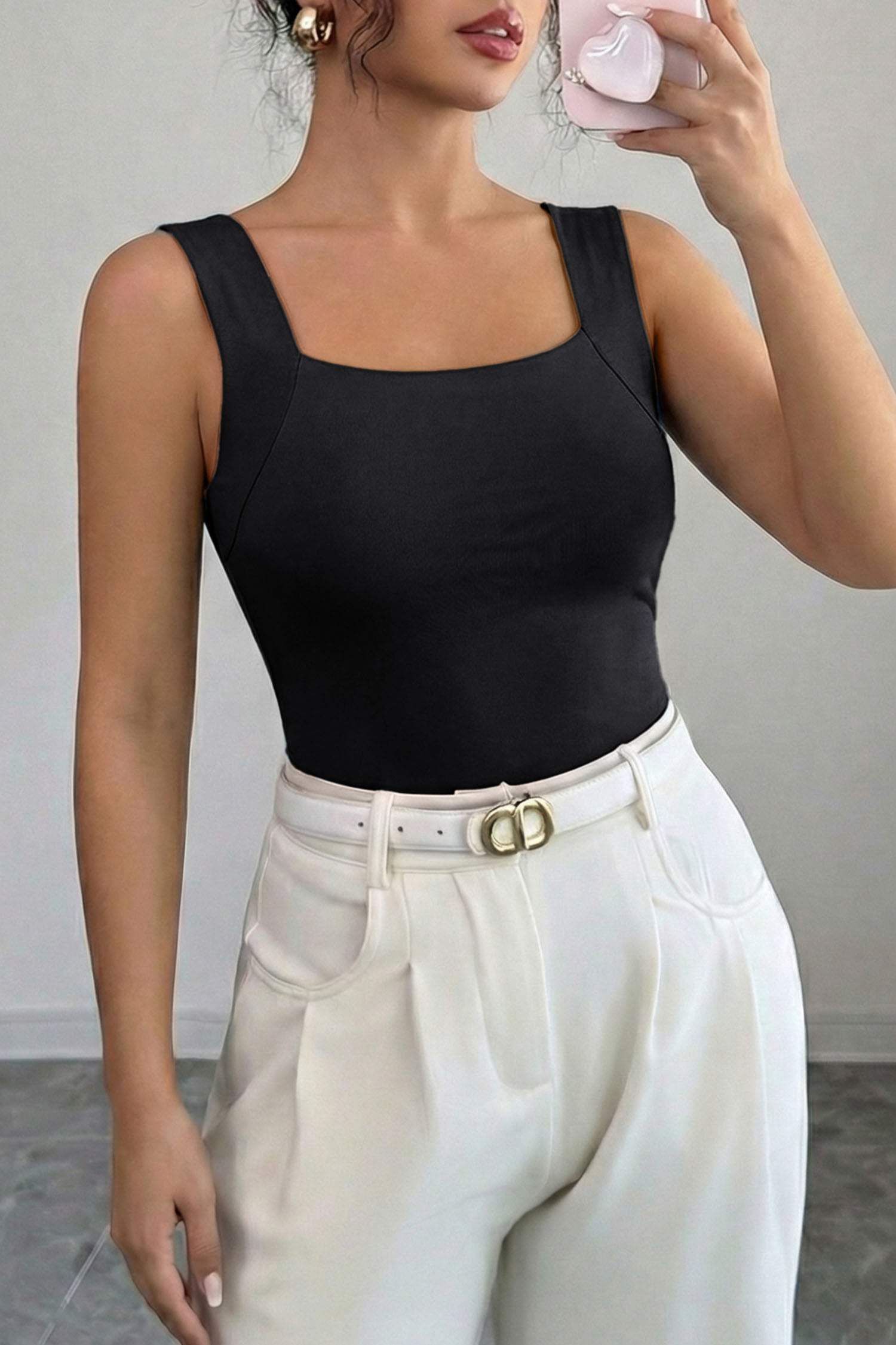 Black Solid Color Wide Strap Splicing Athleisure Tank Top