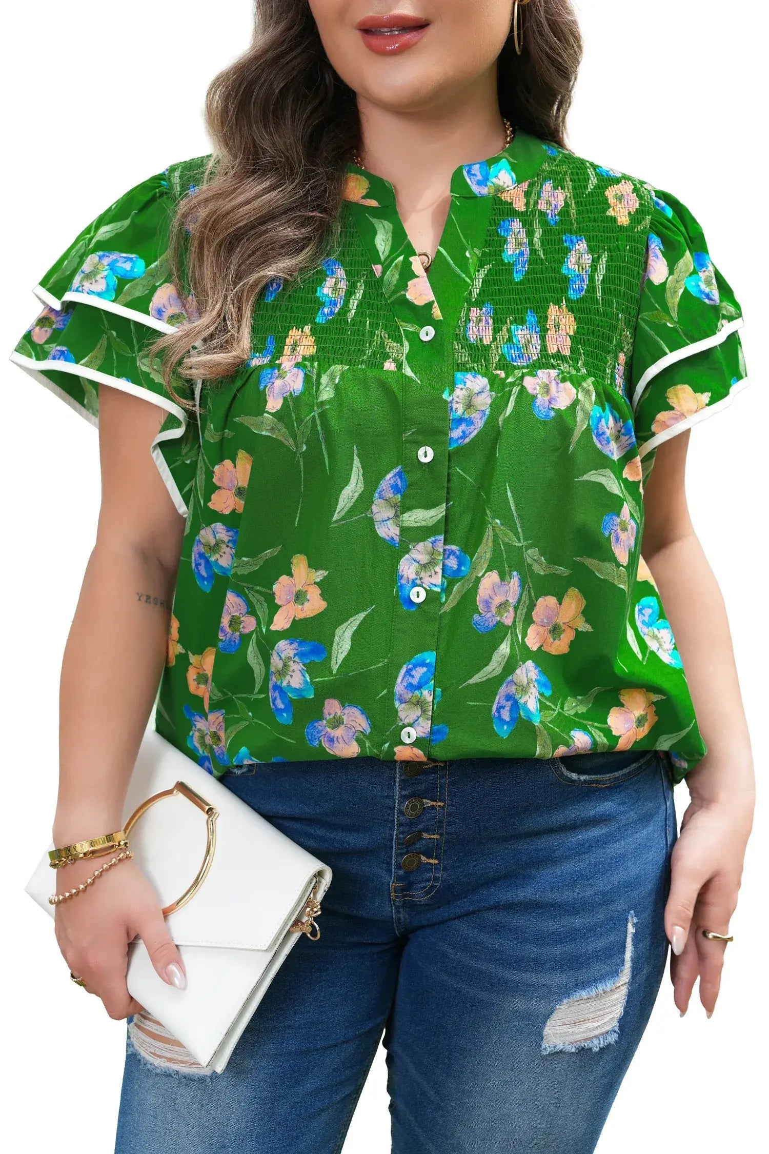 Green Plus Size Ruffled Short Sleeve Floral Top