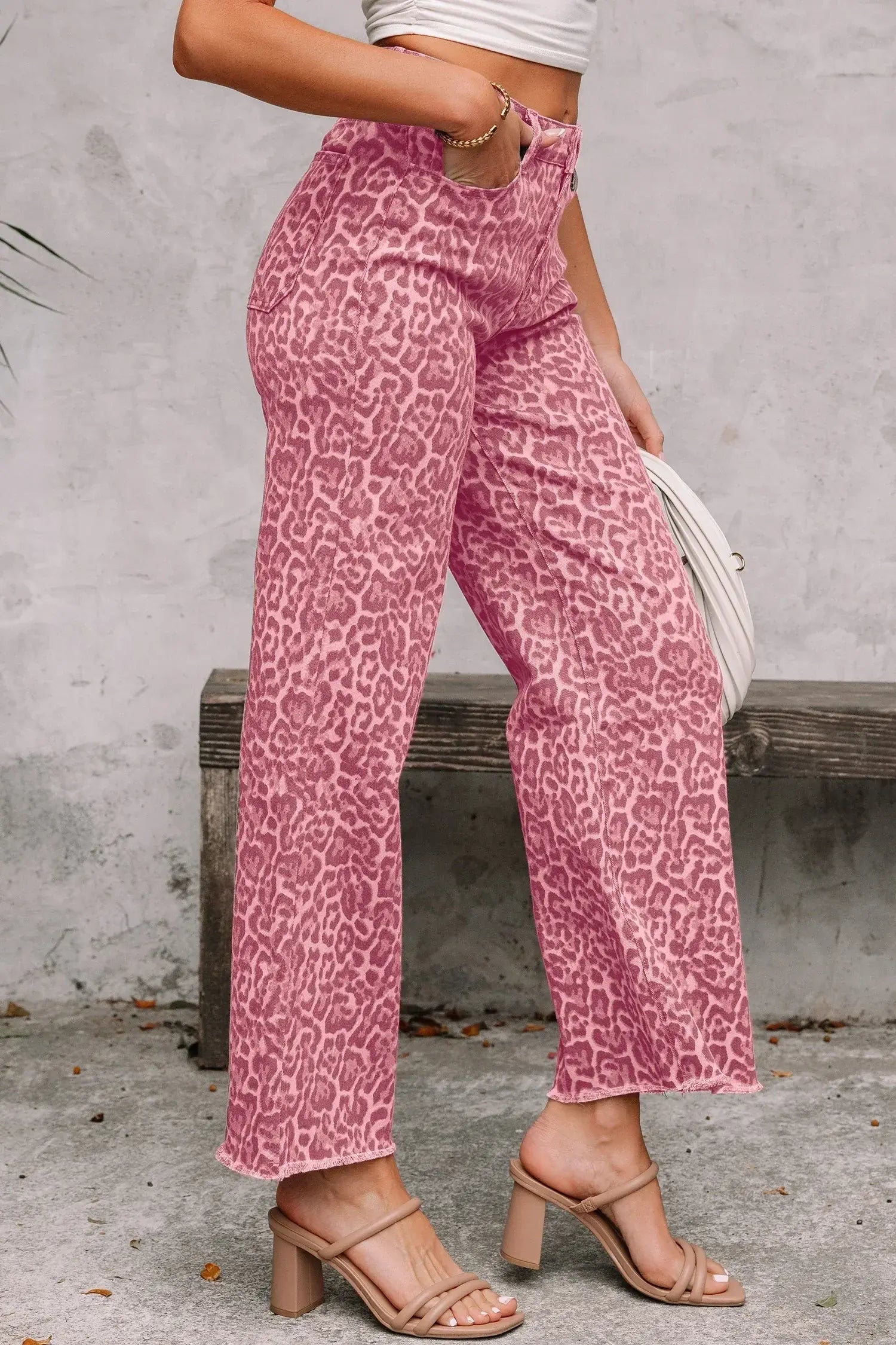Gray Leopard Frayed Edge Wide Leg High Waist Jeans