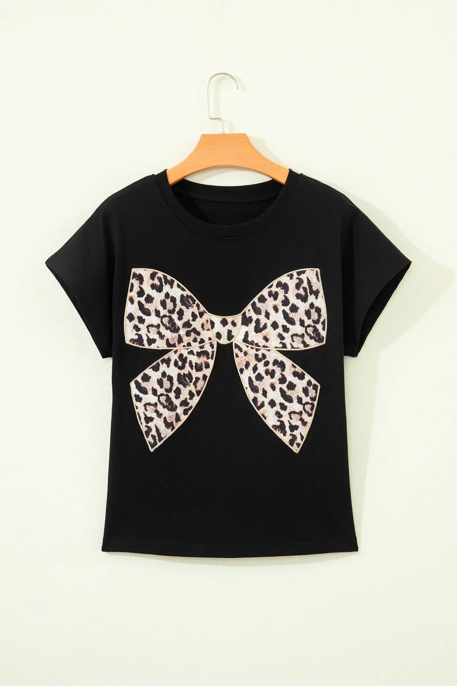 Black Leopard Bow Embroidered Cotton Round Neck T Shirt