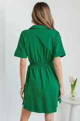 Bright Green Contrast Patchwork Half Zip Elastic Waist Short Sleeve Mini Dress