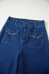 Sail Blue Hardware Decor Patched Pockets Wide Leg Denim Pants
