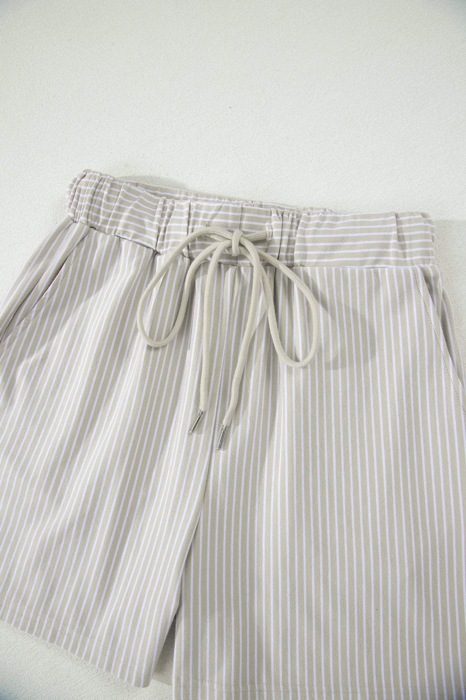 Khaki Stripe Dolman Sleeve Polo Shirt and Drawstring Shorts Set