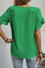 Sea Green Solid Color Ruffle Trim Short Sleeve Blouse