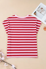 Pink Stripe Split V Neck Casual T Shirt