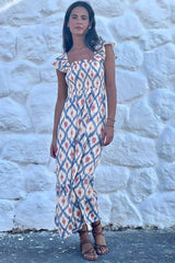Sky Blue Ethnic Geometric Print Square Neck Smocked High Waist Ruffle Sleeve Dress