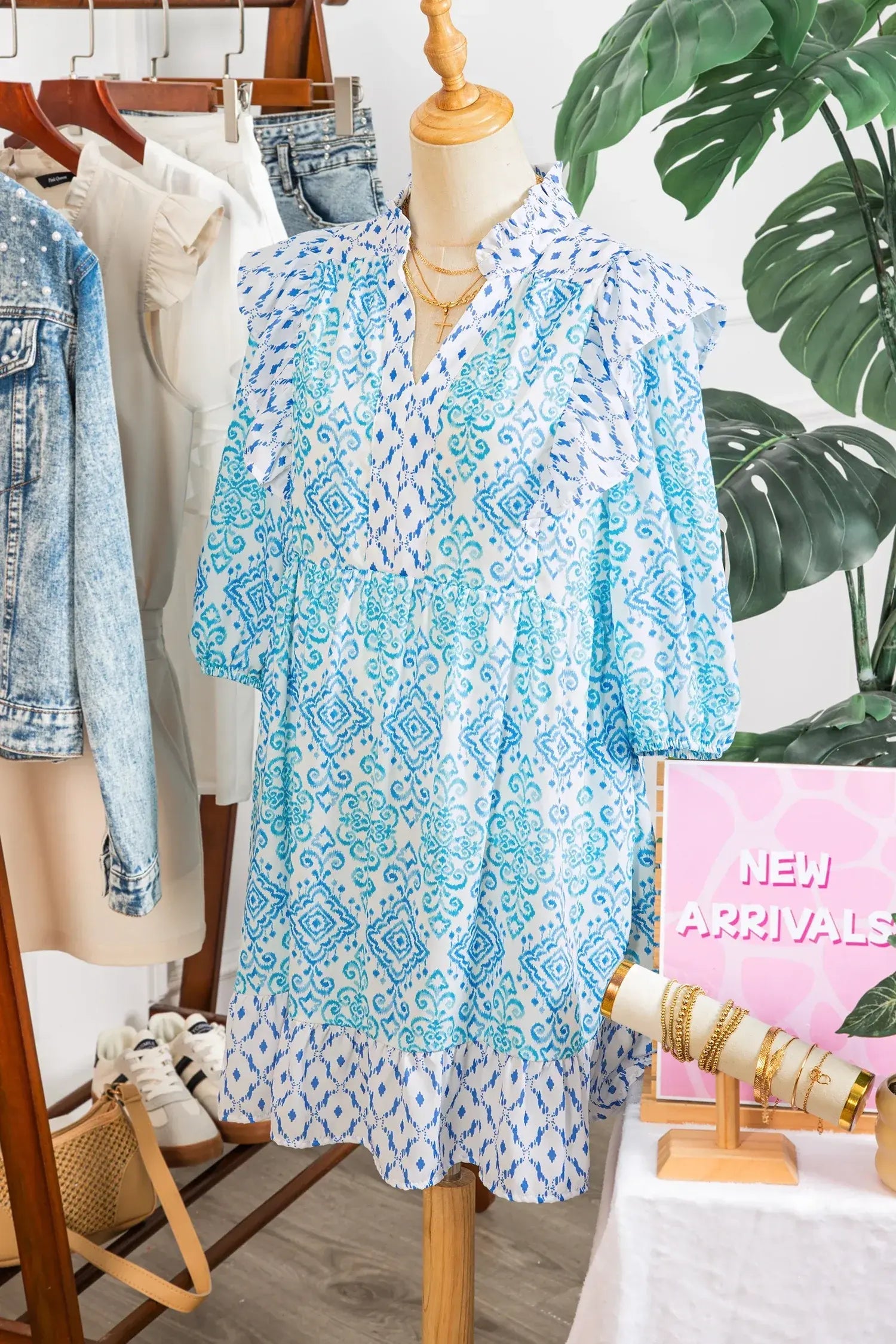 Sky Blue Boho Floral Geometric Patchwork Ruffle Detail Puff Sleeve Mini Dress