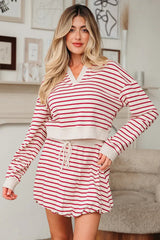 Red Stripe Cropped Collared Drop Shoulder Pullover and Bubble Mini Skirt Set