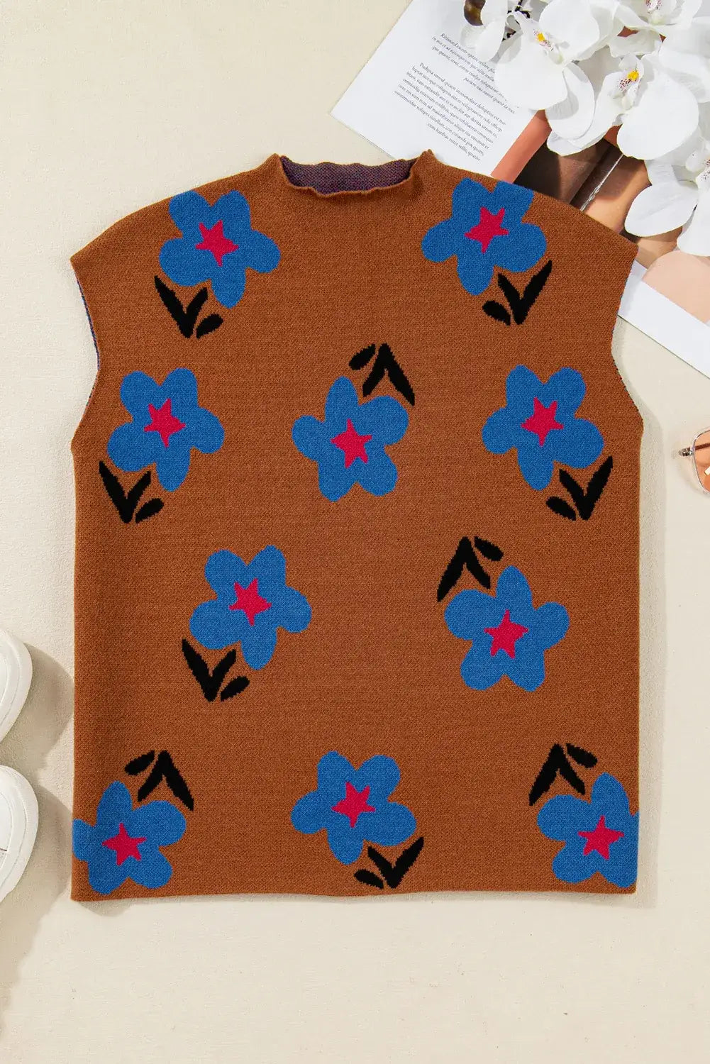 Chestnut Floral High Neck Sweater Vest