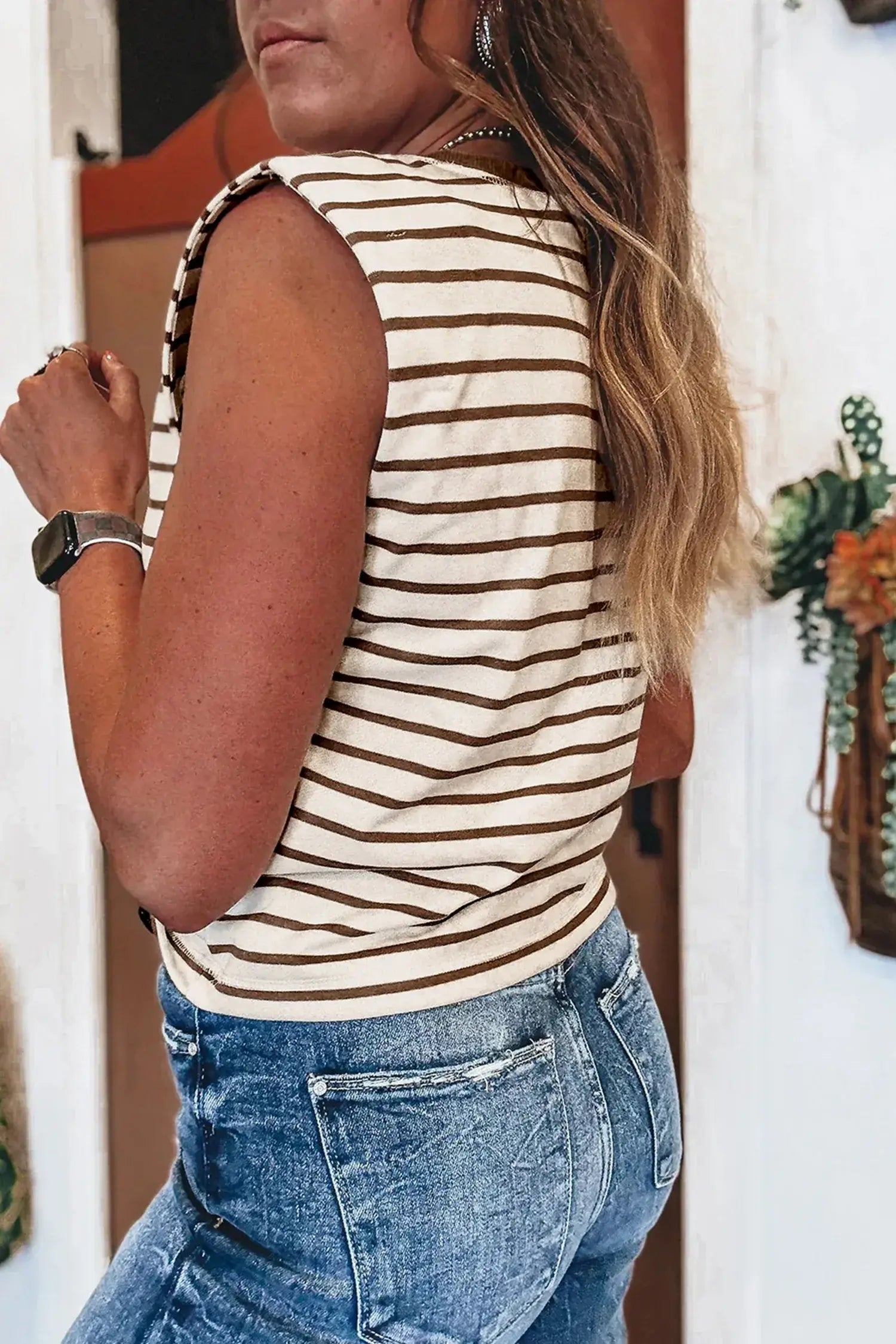 Brown Stripe Ribbed Round Neck Trim Loose Tank Top