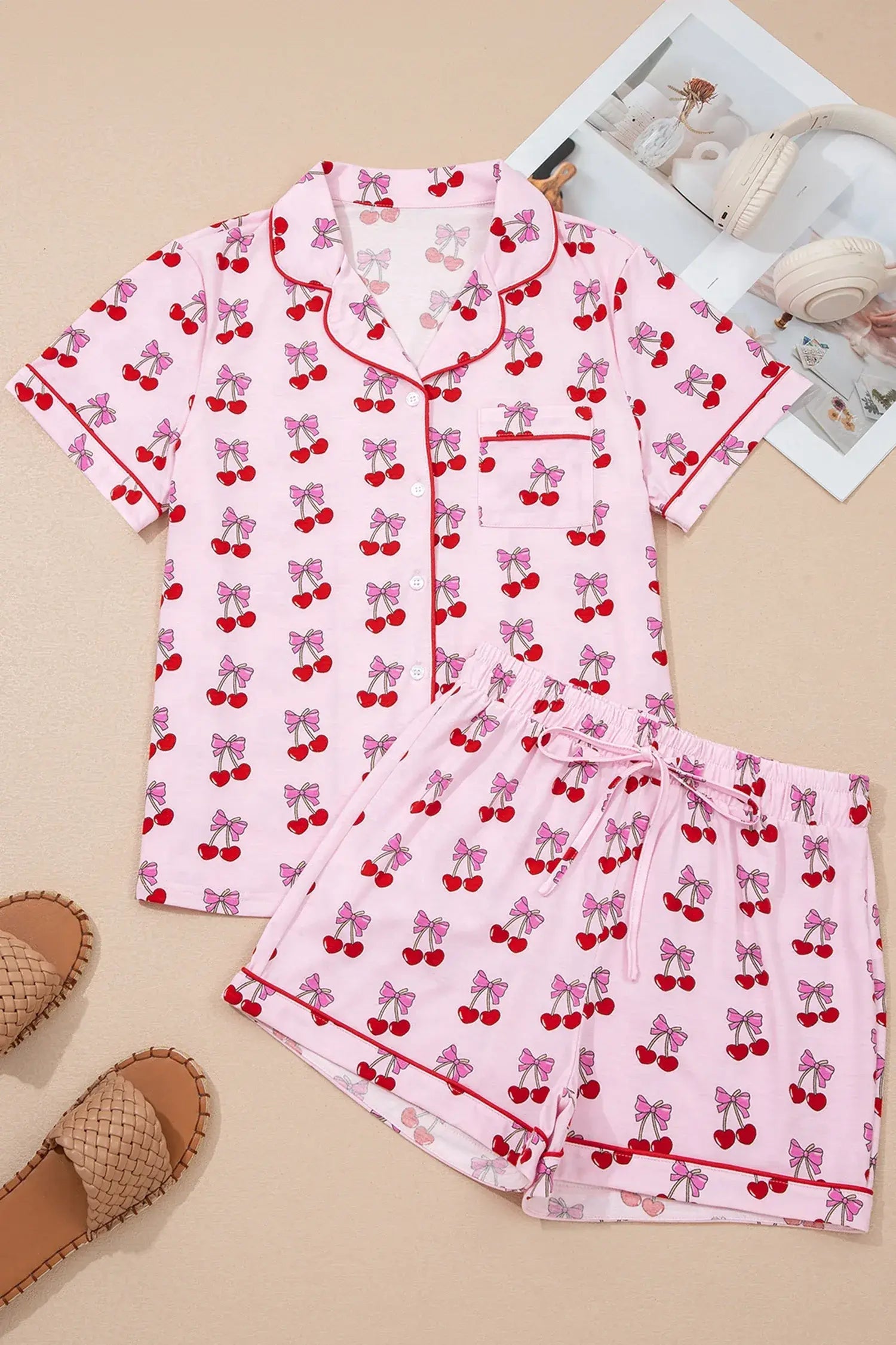 Sky Blue Bow Print Short Pajama Set