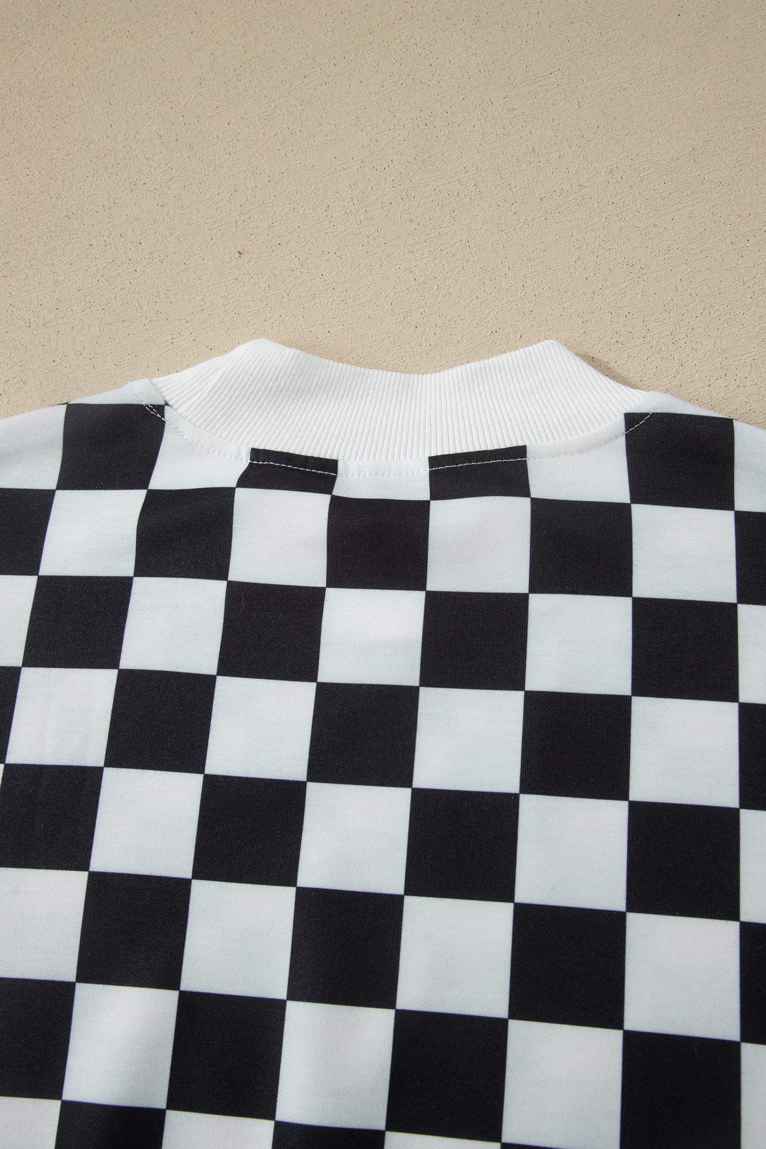 Black Checkered Print Color Block Trim Mock Neck Short Set