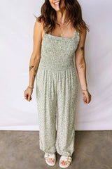 Green Smocked Bodice Square Neck Sleeveless Floral Jumpsuit