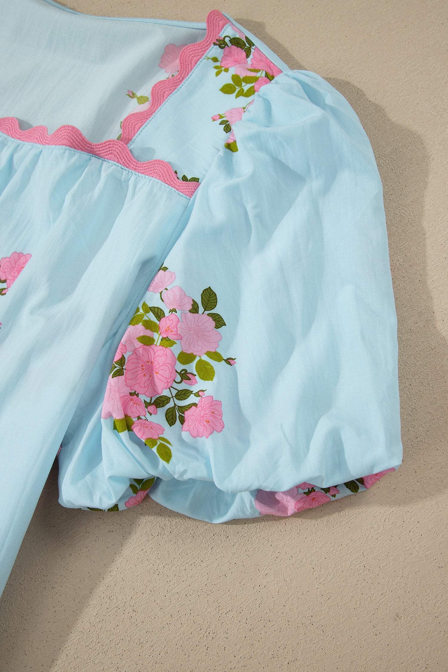 Sky Blue Floral Printed Contrast Ricrac Detail Bubble Sleeve Blouse