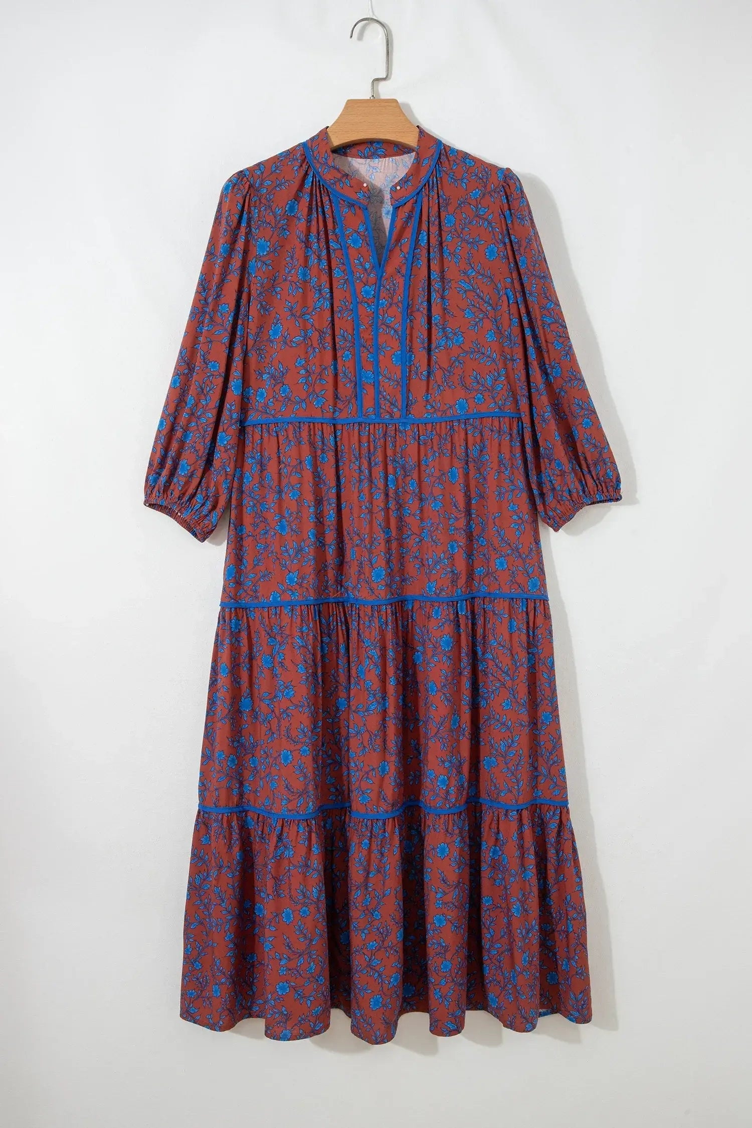 Brown 3/4 Puff Sleeve Tiered Loose Floral Dress