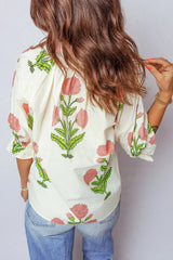 Casual Wild Flower Print V Neck 3/4 Sleeve Blouse