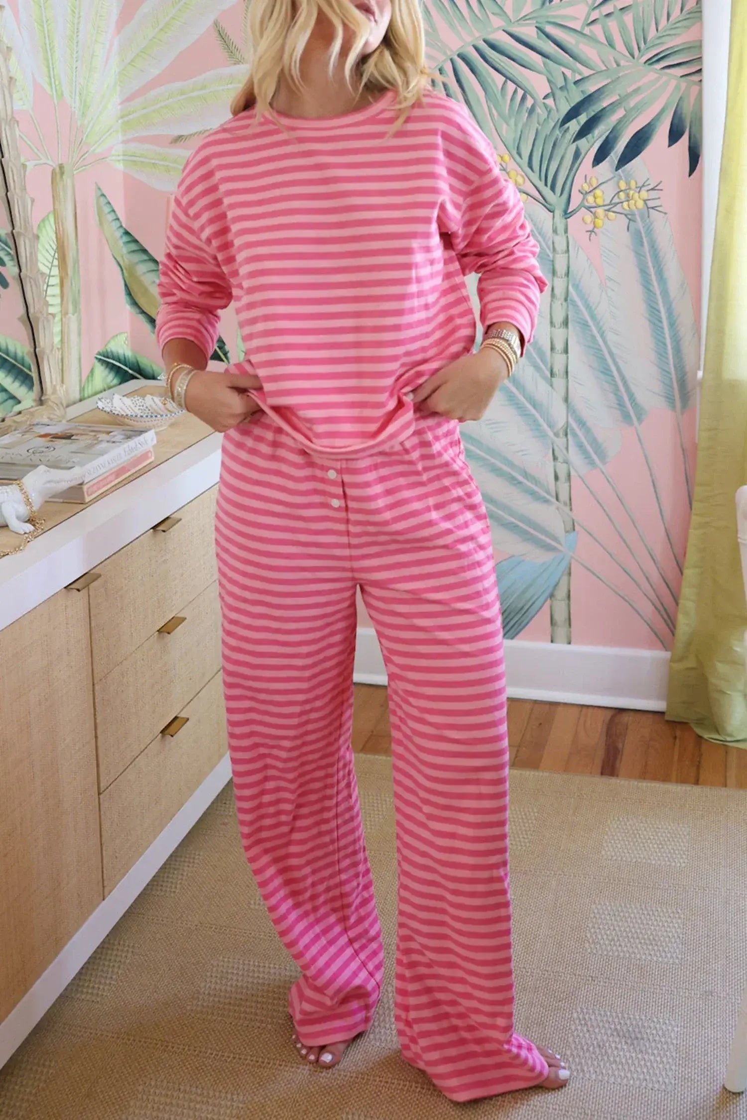 Rose Stripe Drop Shoulder Round Neck Top and Buttoned Straight Pants Two Piece Set