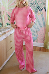 Rose Stripe Drop Shoulder Round Neck Top and Buttoned Straight Pants Two Piece Set