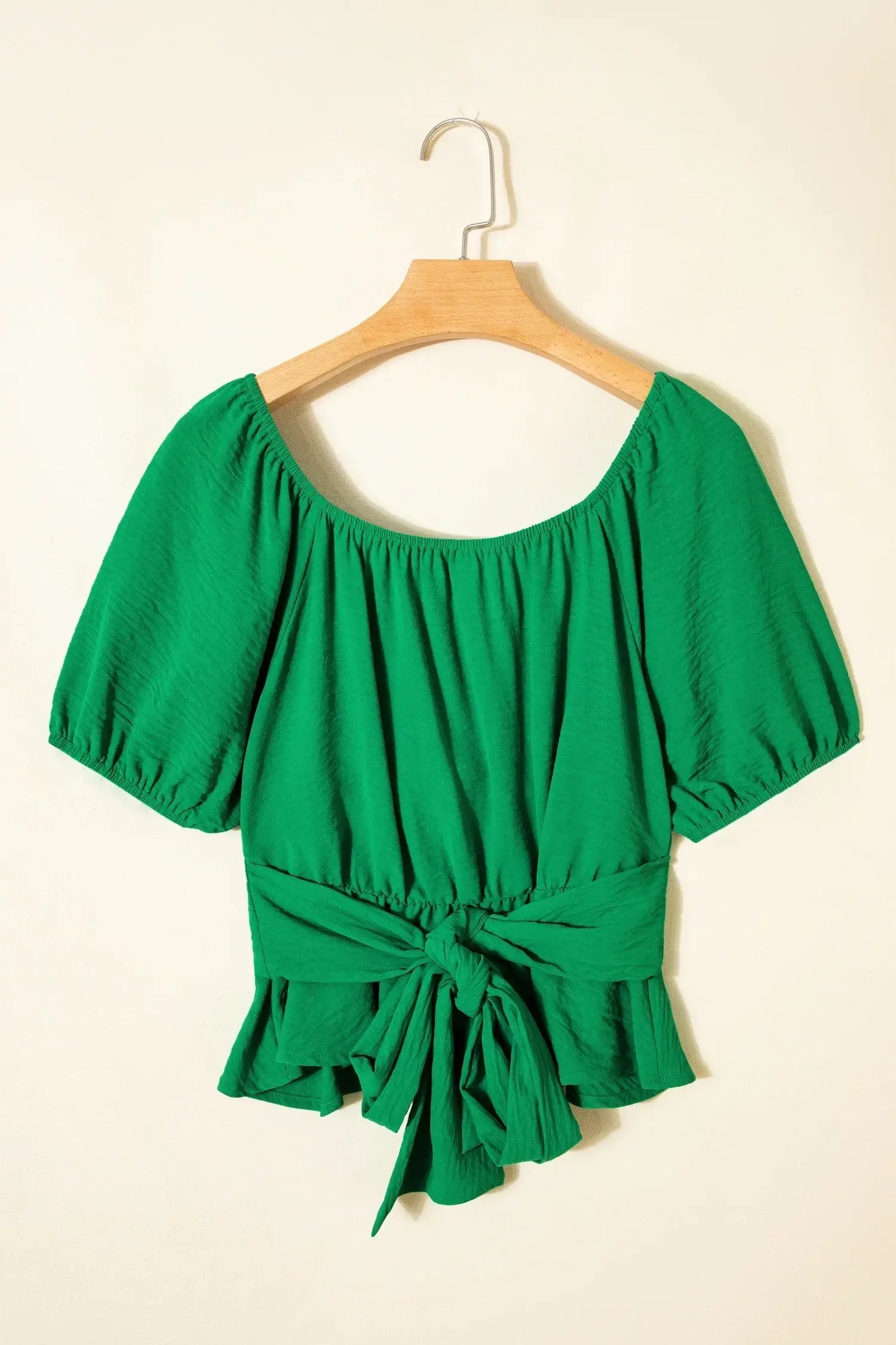 Dark Green Solid Color Ruched Crossed Waist Tied Back Short Sleeve Peplum Top