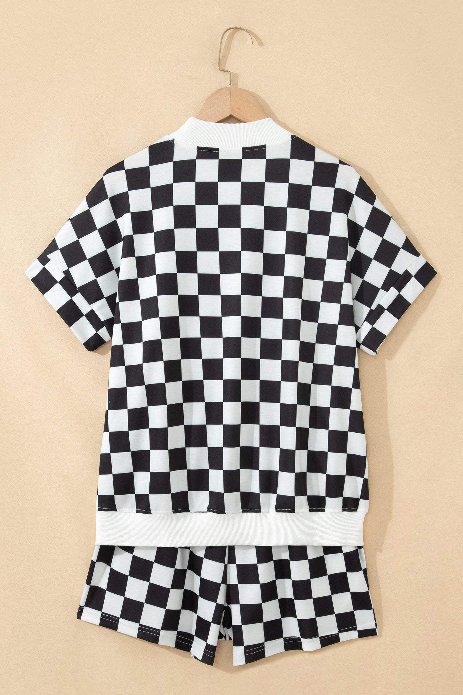 Black Checkered Print Color Block Trim Mock Neck Short Set