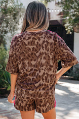 Brown Contrast Striped Accent Leopard Short Set