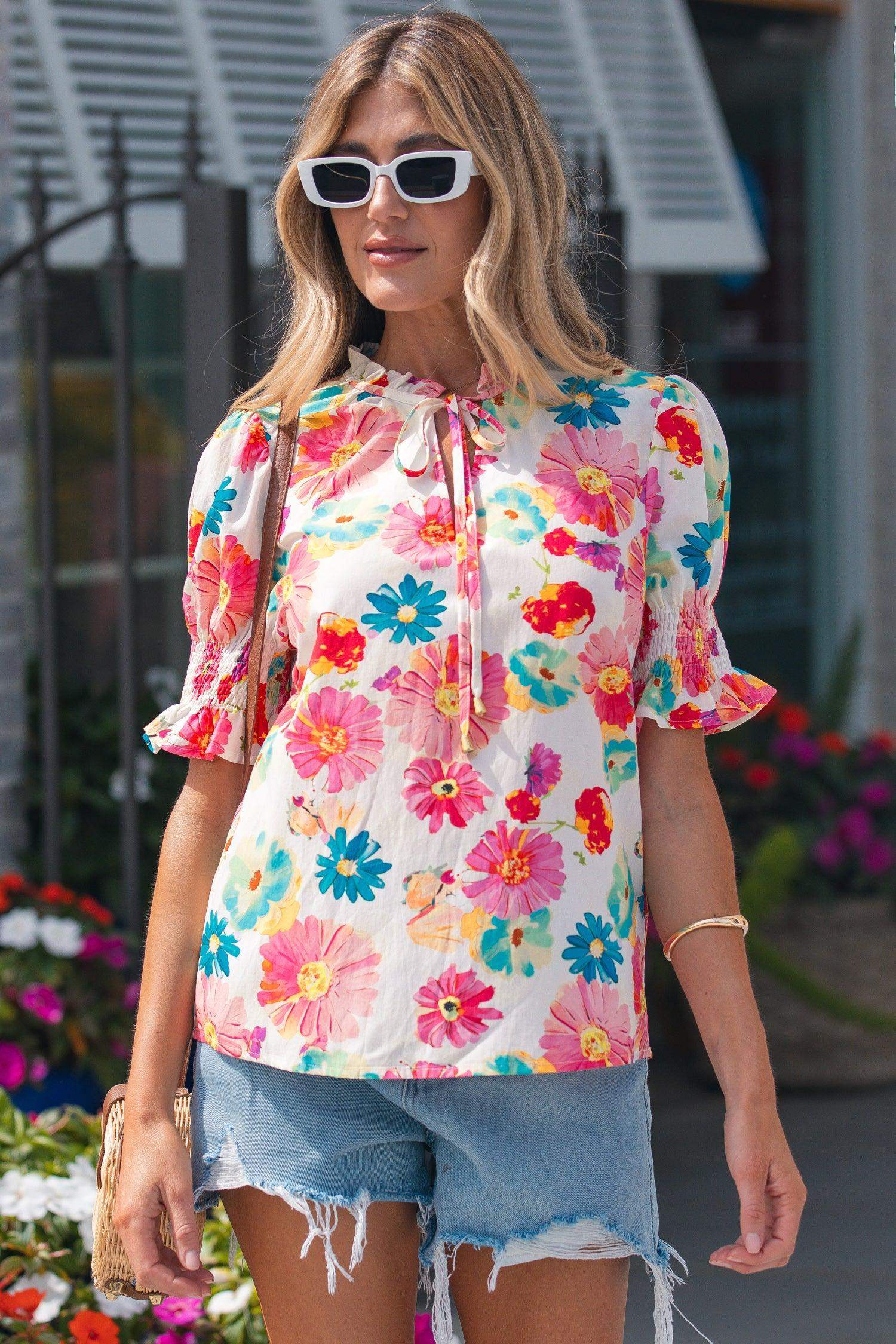 Beige Vibrant Summer Floral Tie V Neck Short Puff Sleeve Blouse
