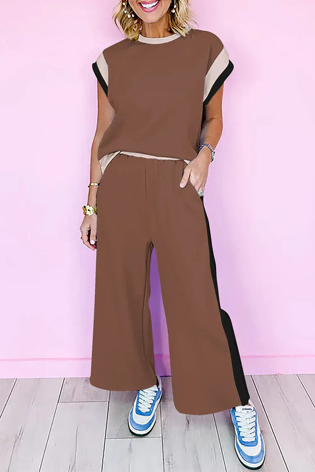 Dark Green Color Block Detail Casual Two-piece Set