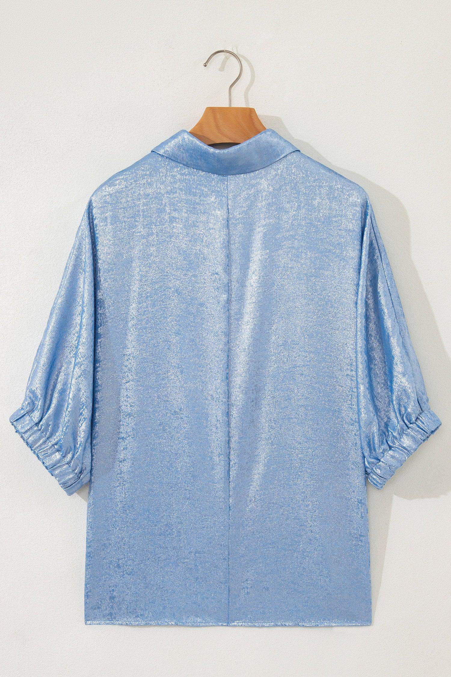 Myosotis Collared V Neck Half Sleeve Metallic Top