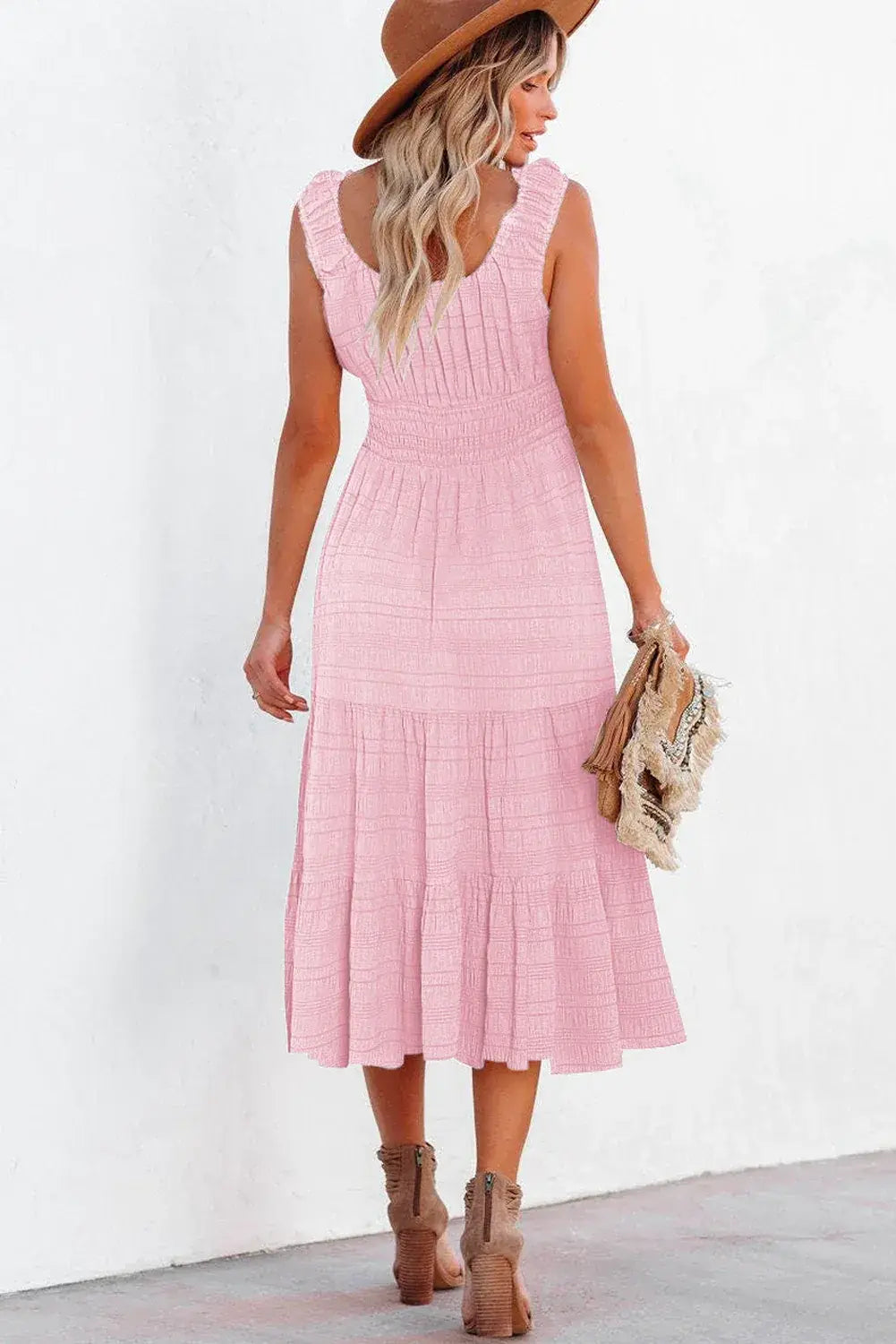 Black Shirred Pleated Square Neck Sleeveless Midi Dress
