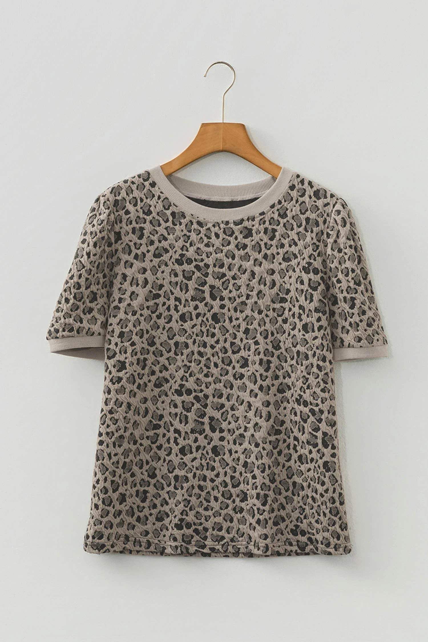 Khaki Textured Leopard Print Crew Neck Short Sleeve Top