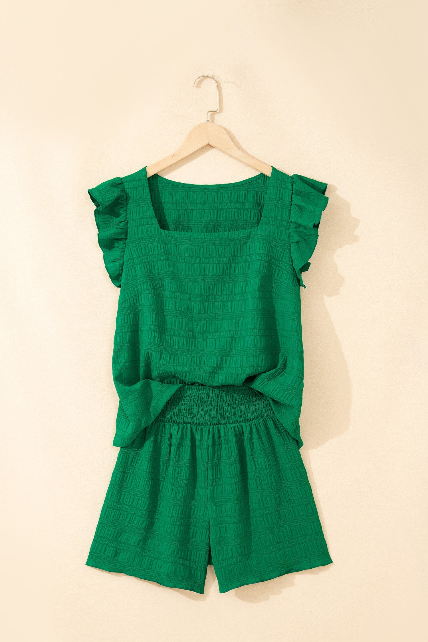 Peach Blossom Textured Square Neck Top and Shirred High Waist Shorts Set