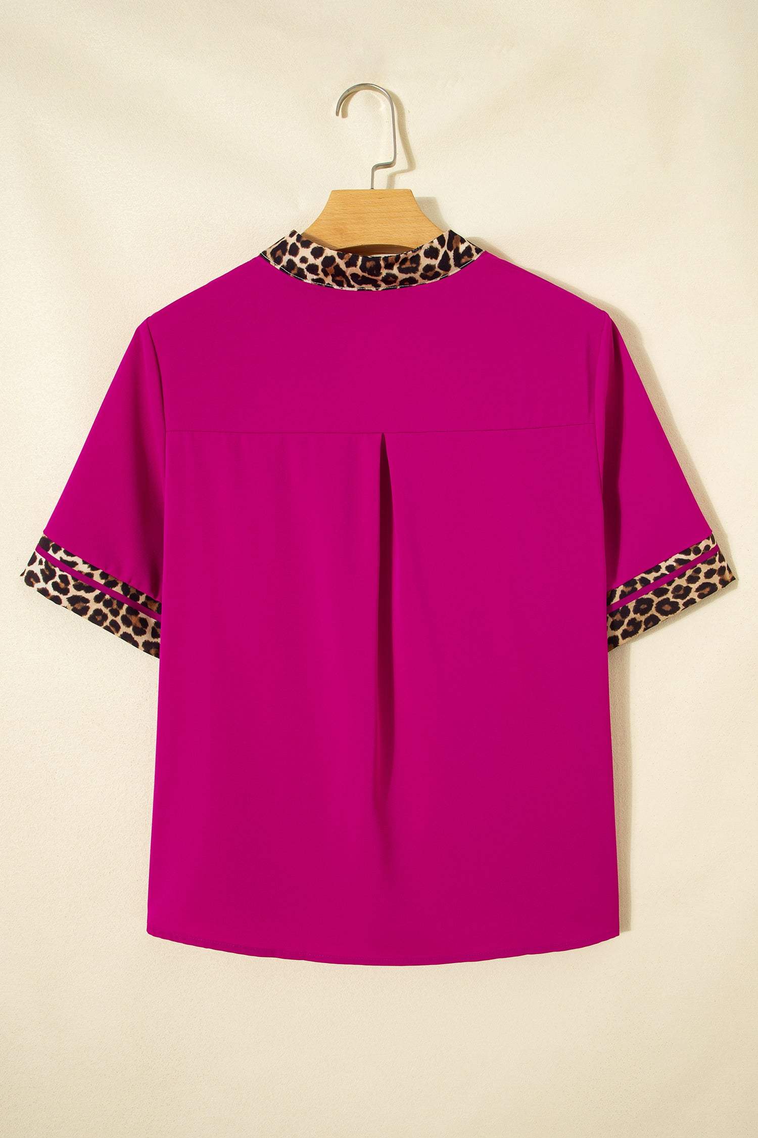 Violet Leopard Patchwork Trim Split Neck Short Sleeve Blouse