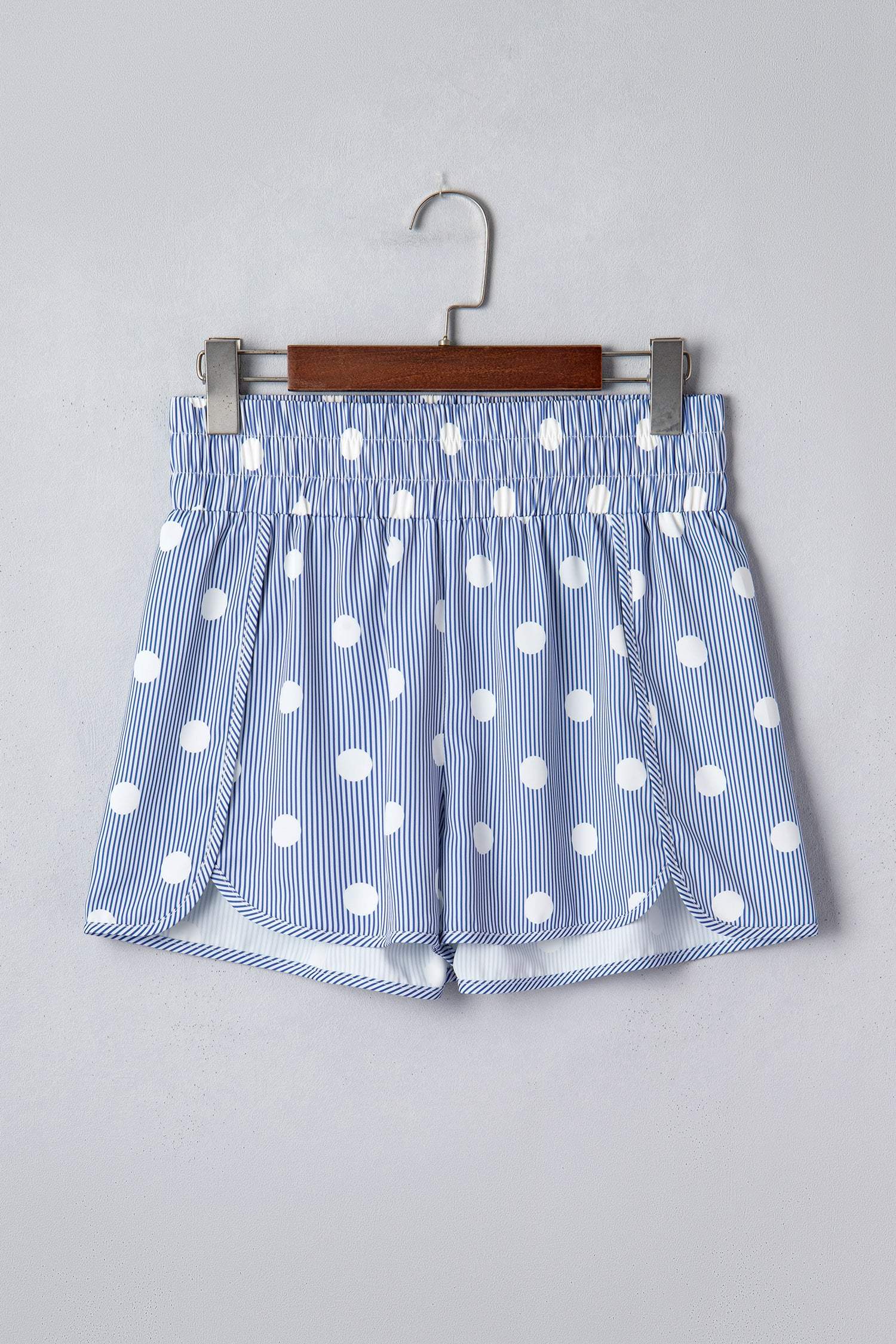 Sky Blue Polka Dot Print Shirred High Waist Casual Shorts