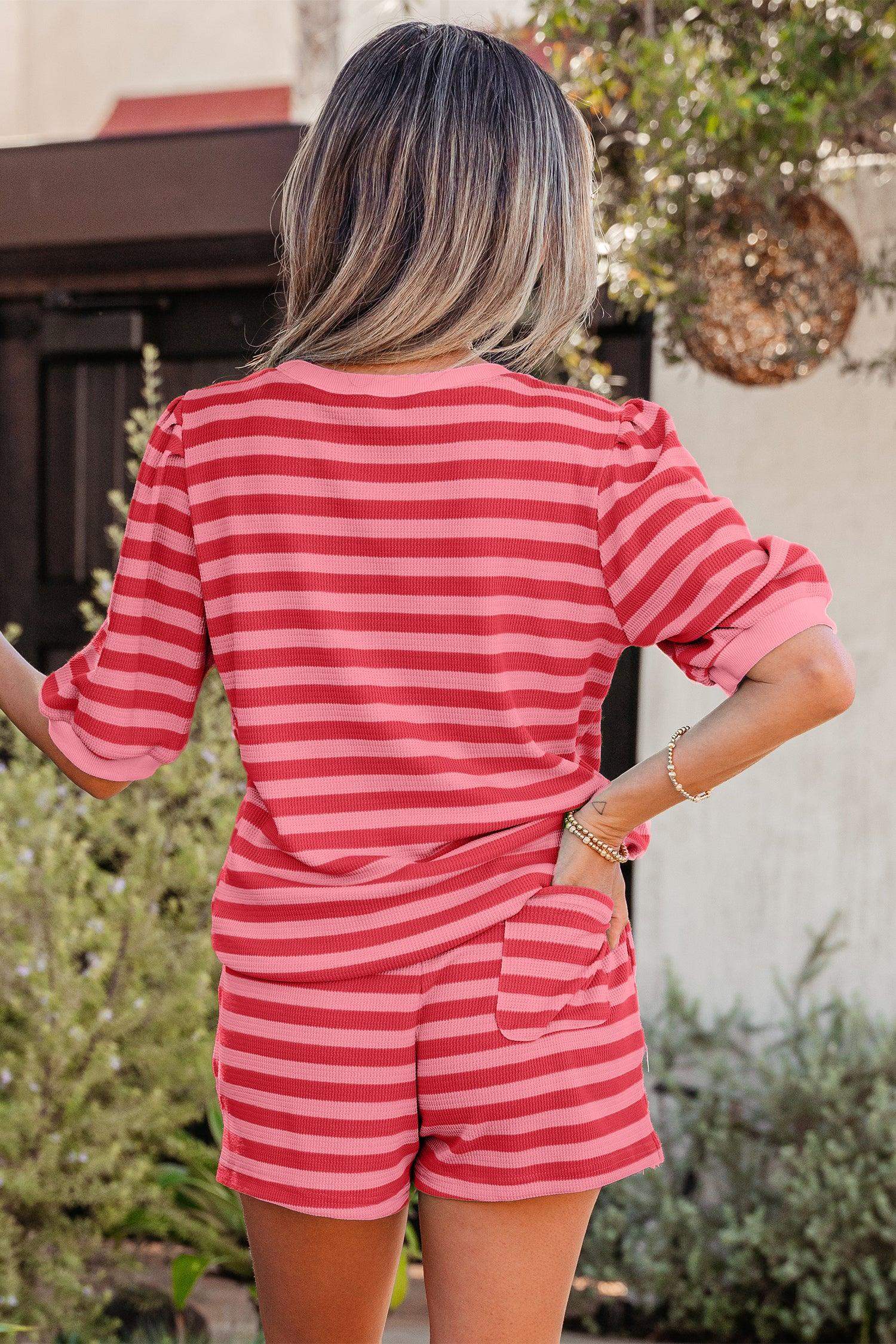 Red Stripe Puff Short Sleeve T Shirt Matching Shorts Set