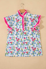 Rose Floral Print Color Block Striped Trim Flutter Sleeve Half Button Blouse