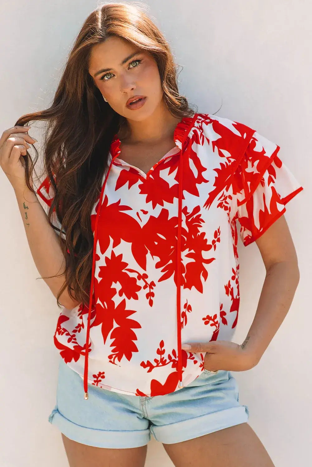 Red Plant Print Tiered Ruffled Sleeve V Neck Blouse