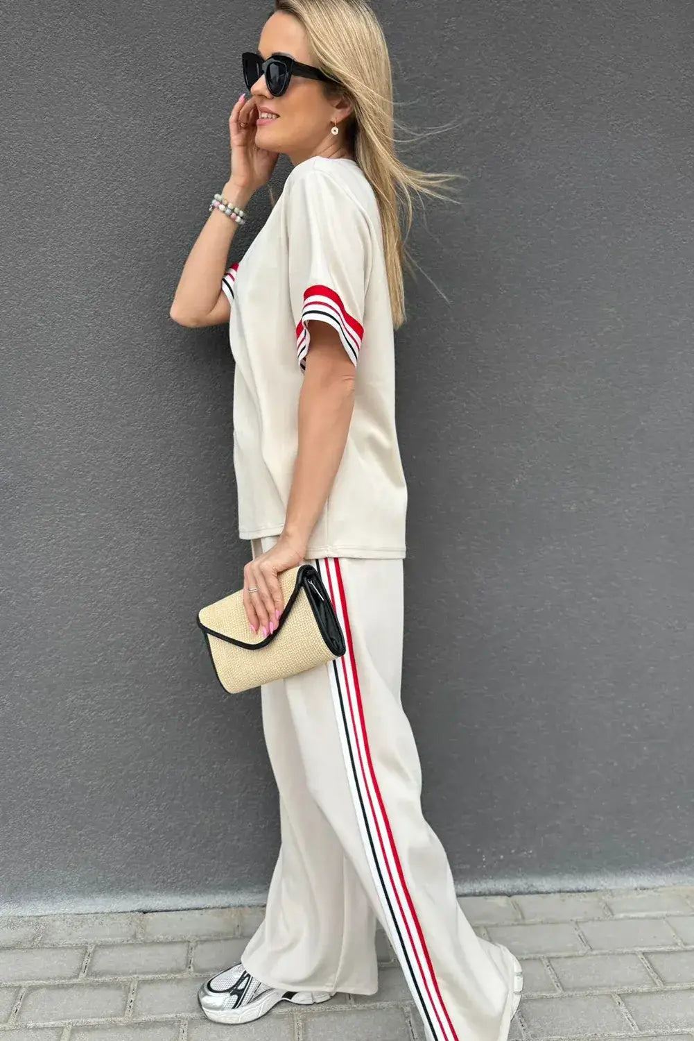 Jet Stream Contrast Striped Trim Crewneck T Shirt Loose Straight Pants Set