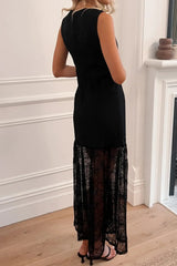 Black Solid Color Sleeveless Sheer Floral Lace Patchwork Long Dress