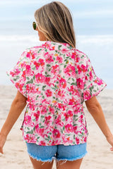 Pink Floral Boxy Fit Ruffled Short Sleeve V Neck Blouse