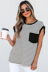 Red Stripe Chest Pocket Patch Round Neck Tank Top