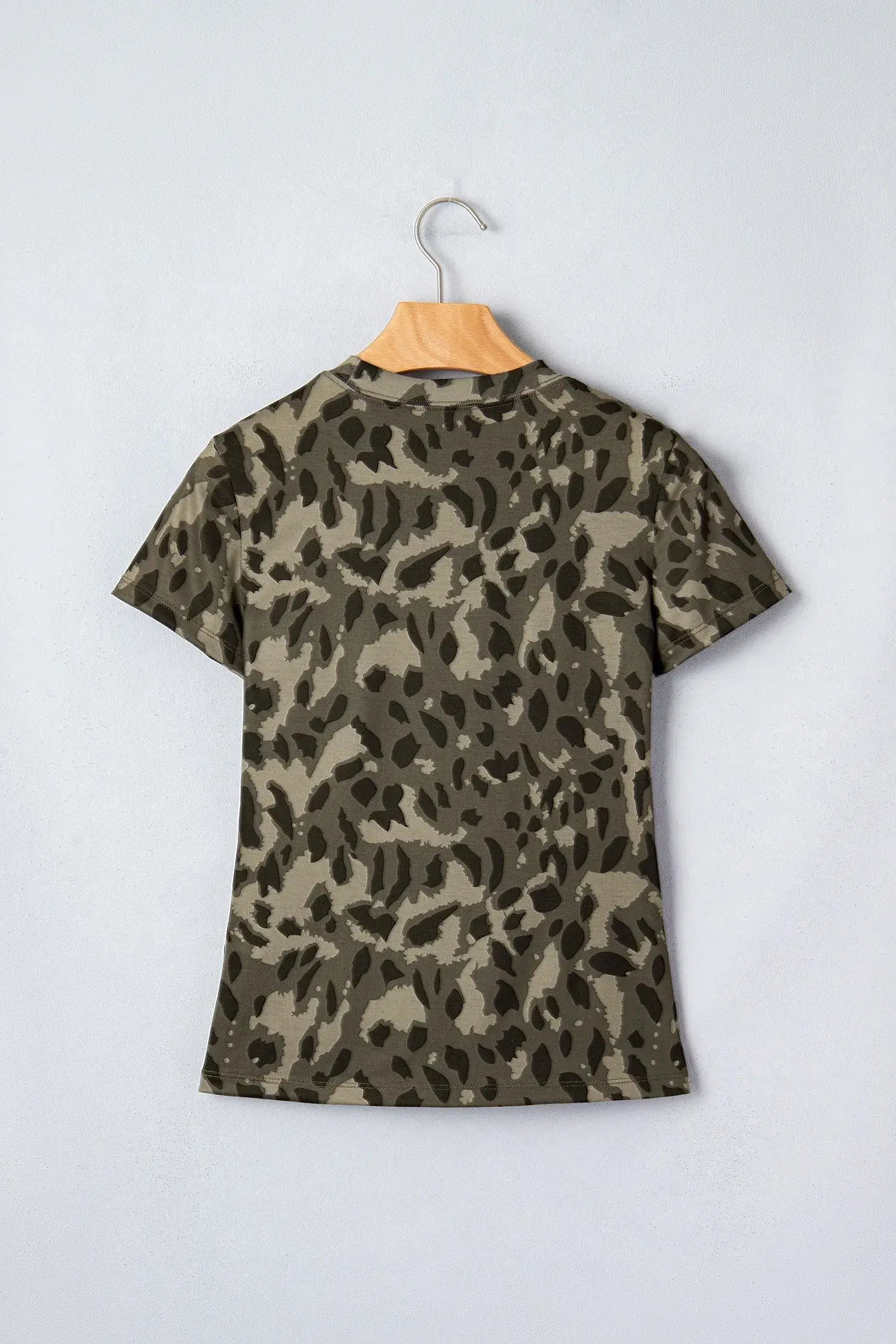 Brown Retro Leopard Print Mock Neck Slim Tee