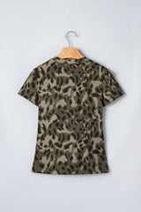 Brown Retro Leopard Print Mock Neck Slim Tee