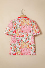 Pink Contrast Collared V Neck Short Sleeve Floral Blouse