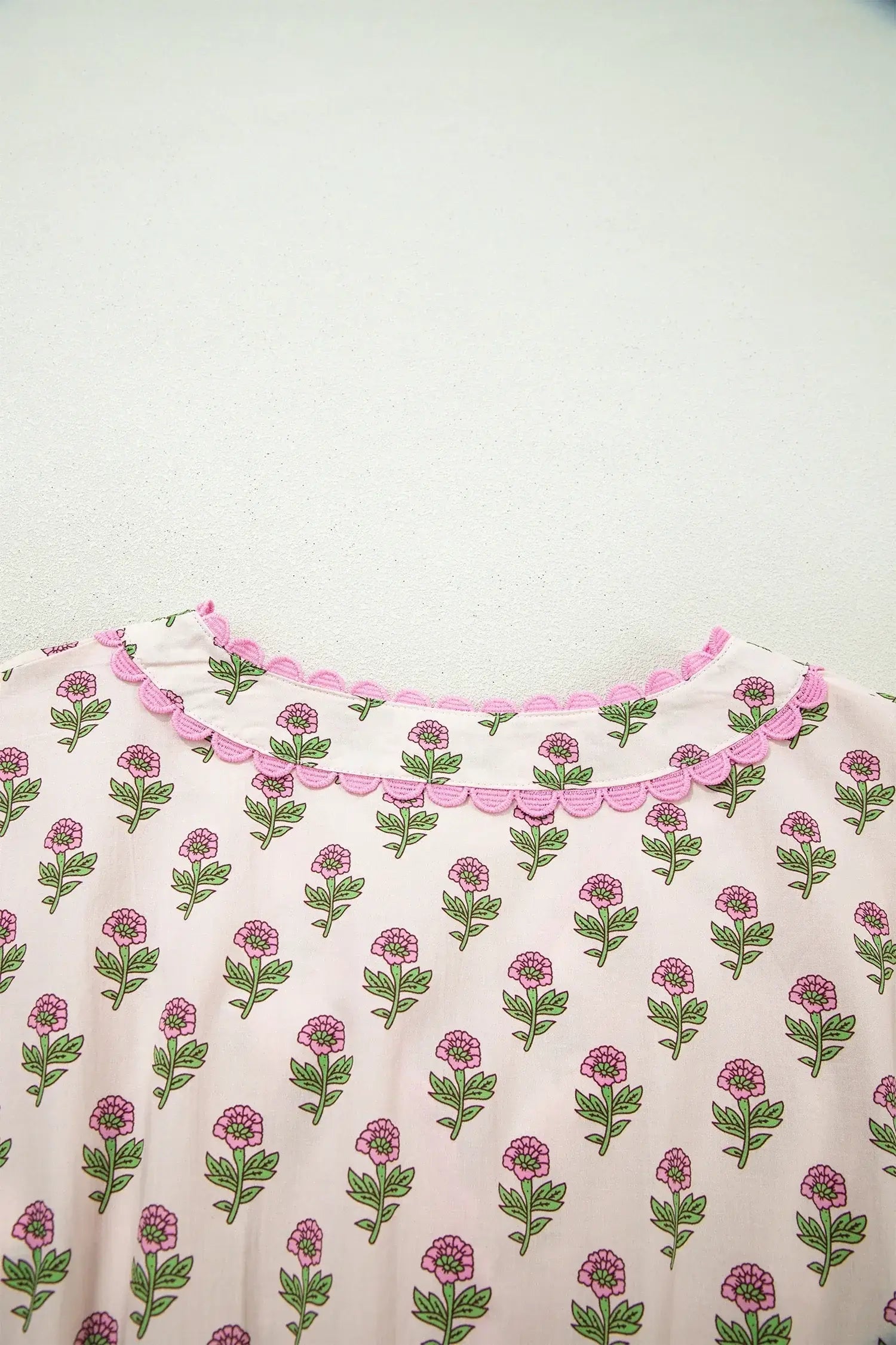 Pink Floral Print V Neck Scallop Trim Button Front Short Sleeve Long Dress