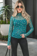 Green Polka Dot Patterned Bodycon Mock Neck Mesh Long Sleeve Top