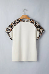 Beige Leopard Patchwork Half Button Short Sleeve Top