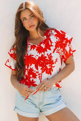 Red Plant Print Tiered Ruffled Sleeve V Neck Blouse