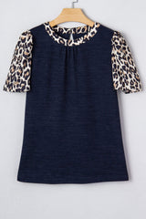 Navy Blue Ribbed Contrast Leopard Patchwork Short Sleeve Top