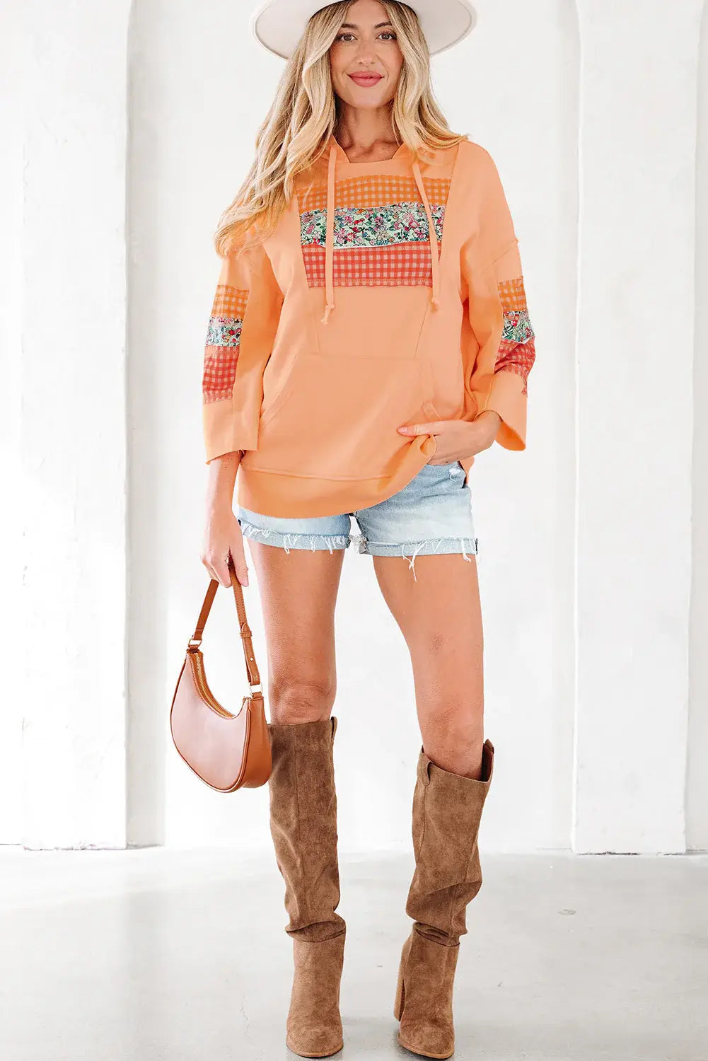 Grapefruit Orange Plaid Floral Patchwork Kangaroo Pocket Hooded Long Sleeve Top